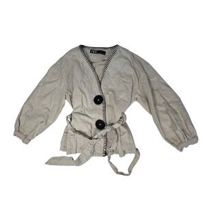 ZARA Med Kimono Jacket Cream Balloon Sleeve Belted Button lagenlook cotton linen